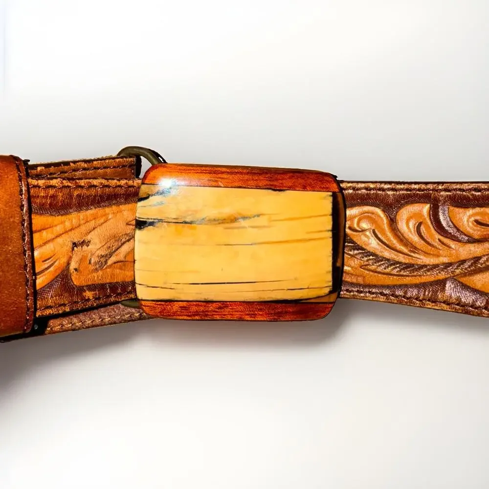 Tony Lama Mens 46 Tooled Leather Western Belt Faux Ivory Buckle USA 77507